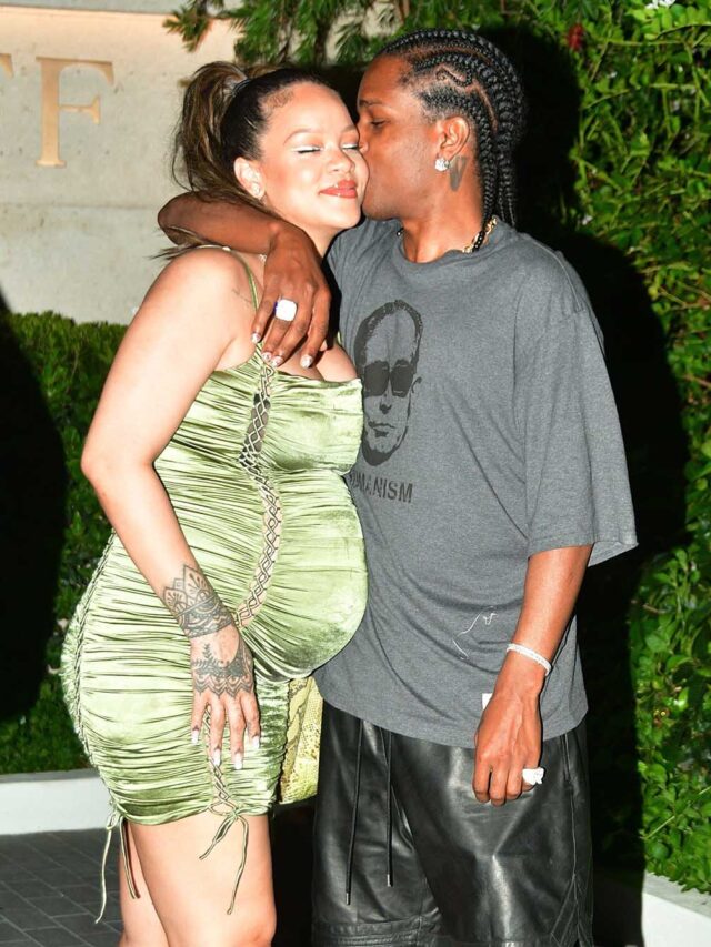 Pregnant Rihanna Glows In Green Mini Dress see photos